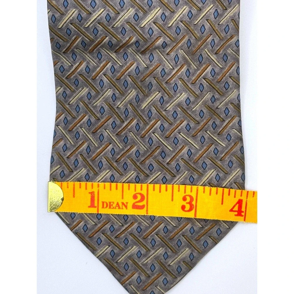 Oleg Cassini Mens Silk Necktie Blue Beige Brown Geometric‎ Pattern